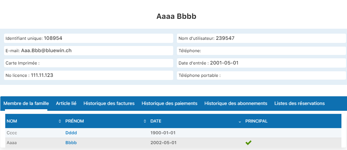 Page des données opérationnelles du membre